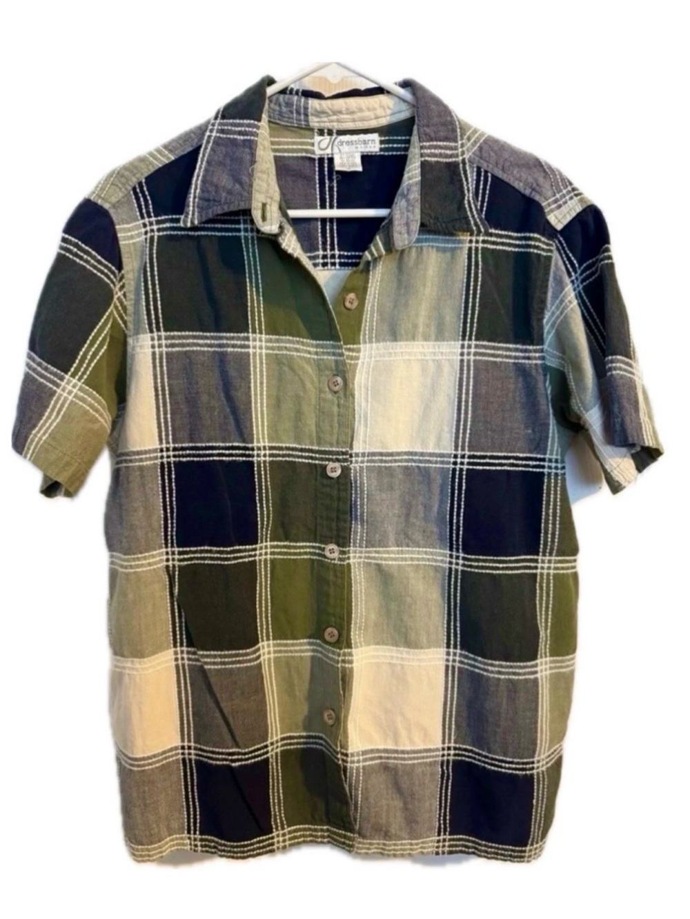 Dressbarn Plaid Short Sleeve Button Down Shirt Green Blue Cream Womens Size 1X